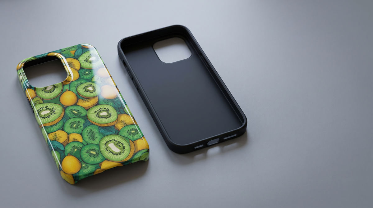 Kiwi Art iPhone tough case separated into its rigid printed outer shell and soft inner liner