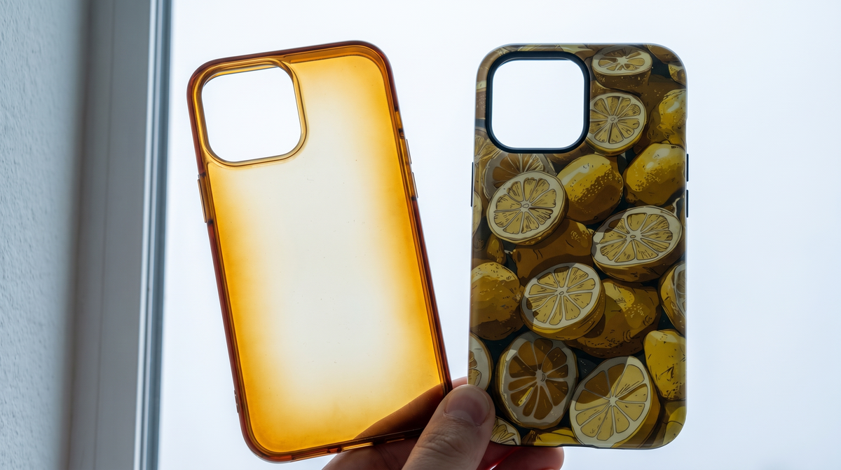 Yellowed clear phone case backlit beside an unaffected Lemon Art iPhone tough case, showing internal discolouration